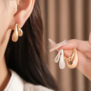 Close-up detail of elegant 18k gold plated brushed waterdrop earrings with silver pin.