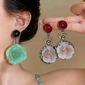 Vintage Resin Flower Drop Earrings With 925 Sterling Silver Earring Post Antique Gold Alloy Rose Pendant Earrings For Women Jewelry