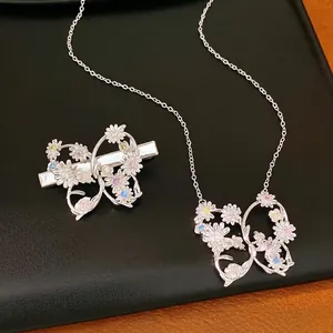 Vintage Butterfly Flower Pendant Necklace Hair Clip Set For Women Copper Zirconia Inlaid Luxury Aesthetic Daily Party Jewelry
