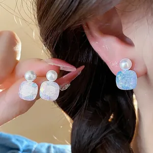 Korean Geometric Artificial Pearl Stud Earrings With 925 Sterling Silver Earring Post Iridescent K9 Glass Square Earrings