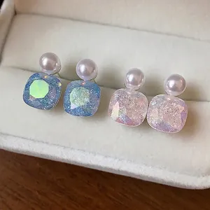 Elegant S925 silver geometric pearl stud earrings with iridescent faceted crystals