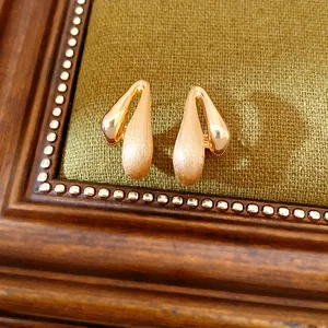 Detailed close-up showing the brushed and polished texture of 18k gold plated waterdrop earrings.