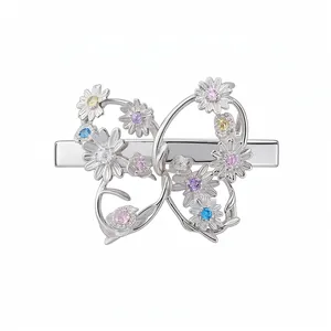 Exquisite silver butterfly hair clip with colorful zircon daisies for elegant styling
