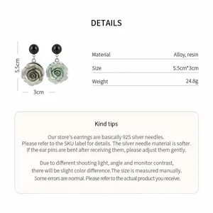 Detail view showing resin rose flower earrings specifications and 925 silver needle info