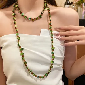 Bohemian Green Shell Beaded Necklace Handmade Long Chain Mori Style Women Vintage Glass Beads Summer Vacation Jewelry