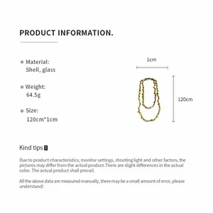 Detailed technical specifications for this green shell and glass beaded long necklace