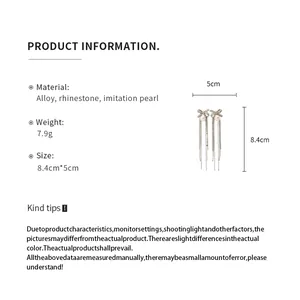 Detailed product information with dimensions for rhinestone pearl bow knot tassel earrings