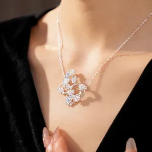 Elegant butterfly necklace with colorful zircon flowers on silver chain
