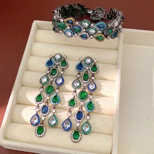 Vintage Zirkonia Quasten Ohrringe Und Armband Schmuckset Luxuriös Kupfer Silber Ohrringpfosten Für Hochzeit Party Damen Geschenk