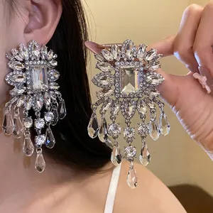 Elegant oversized silver rhinestone floral tassel earrings for wedding banquet and gala