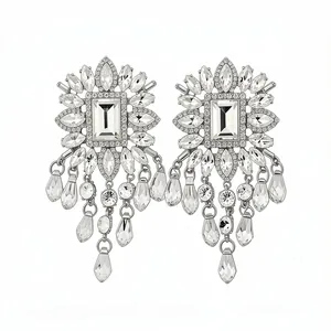 Exquisite silver chandelier earrings with clear crystal teardrop dangles for weddings.