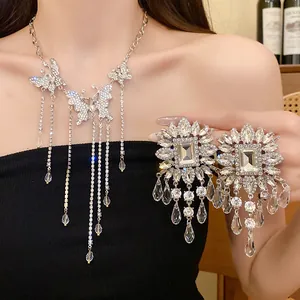 Detailed view of heavy rhinestone butterfly tassel necklace and crystal statement earrings