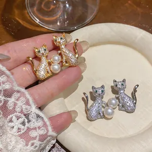 Boucles d'Oreilles Clous Chat Style Français avec Tige Argent 925 Strass et Perle Artificielle Bijoux pour Femmes