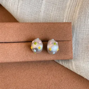 Orecchini a Bottone Ovali a Forma di C in Argento Opaco Minimalista Coreano Con Pois Colorati Smalto in Lega Gioielli da Donna