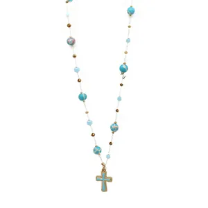 Vintage beaded necklace with turquoise stone beads and blue enamel cross pendant