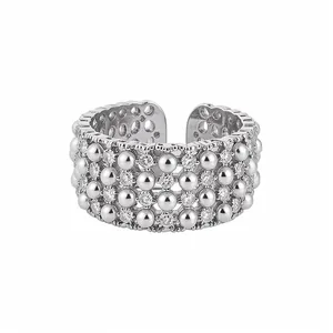 Elegant vintage multi-layer open ring with cubic zirconia and round pearl accents