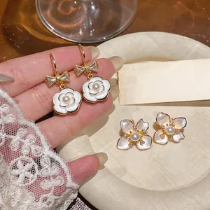 French Luxury Camellia Zircon Stud Earrings For Women Elegant Artificial Pearl Flower Earrings With 925 Sterling Silver Earring Post
