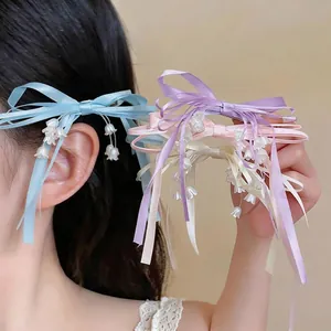 Elegante Fermaglio per Capelli con Fiocco in Nastro di Raso Con Nappa a Fiore di Mughetto Perla Artificiale Accessori Donna