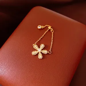 Vintage Copper Zirconia Flower Chain Ring For Women Elegant Adjustable Light Luxury Sweet Floral Finger Ring Fashion Jewelry