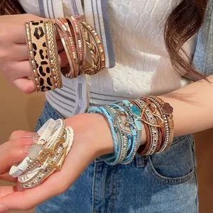 Bohemian Multi-layer Braided Artificial Leather Bracelet For Women Rhinestone Heart Charm Magnetic Clasp Vintage Ethnic Jewelry