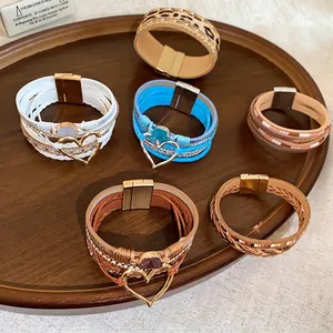 Bohemian multi-layer leather wrap bracelets with heart charms and magnetic clasps
