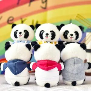 A group of adorable panda plush dolls wearing a variety of colorful miniature hoodies