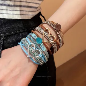 Bohemian multilayer braided leather bracelet with magnetic clasp and heart charm