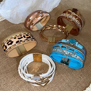 Bohemian multi-layer braided leather bracelets with magnetic clasp in assorted styles
