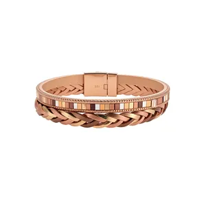 Bohemian multi-layer braided leather bracelet with rose gold magnetic clasp