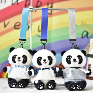 Three cute panda plush dolls wearing colorful mini hoodies with matching wrist straps.