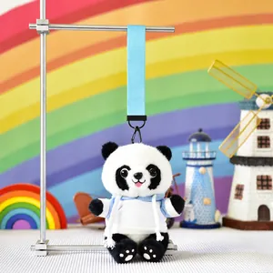 Detail of a cute panda plush keychain featuring a blue hoodie and a matching lanyard