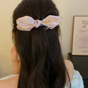 Vue détaillée d'une pince à cheveux banane en satin rose noué sur cheveux bruns