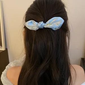 Gros plan d'une pince à cheveux en satin bleu clair avec logo métallique élégant