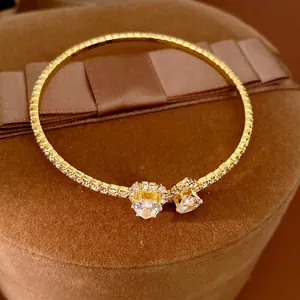 Fashion Copper Heart Zirconia Open Bangle Elegant Zirconia Embellished Bangle For Women Commuter Style Hand Accessory