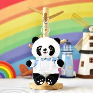 Cute panda plush doll wearing a blue hoodie with a silver lobster clasp keychain