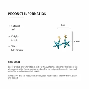 Detailed product specifications for blue starfish pendant earrings with iron material and dimensions