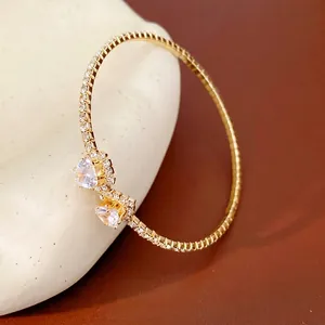 Elegant gold plated heart-shaped diamond open bangle for women with sparkling crystals