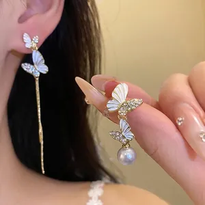 Pendientes Largos de Mariposa de Esmalte y Perla Con Poste de Plata de Ley 925 Pendientes Asimétricos de Strass Joyería para Mujer