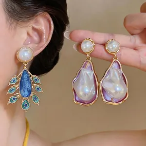 Vintage Court Style Alloy Artificial Pearl Stud Earrings With 925 Sterling Silver Earring Post Irregular Enamel Tassel Earrings For Women