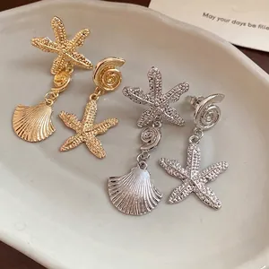 Bohemian Sea Star Seashell Drop Earrings For Women Gold Silver Plated Alloy Rhinestone Marine Dangle Earrings With Silver Post