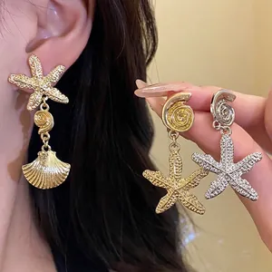 Elegant gold and silver starfish and shell dangle earrings for beach-themed fashion