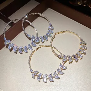 Exquisite wheat ear hoop earrings with sparkling zircons in silver and gold tone