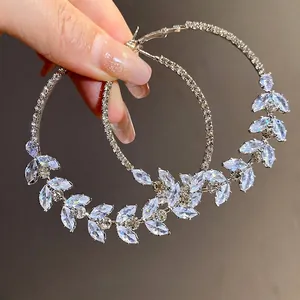 Elegant silver hoop earrings with marquise zircon wheat ear leaf design for women