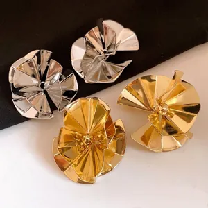 Elegant retro gold and silver metallic pleated fan-shaped stud earrings for women