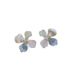 Elegant floral stud earrings featuring multi-color petals and delicate center pearls