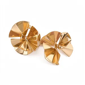 Elegant gold-tone pleated fan-shaped stud earrings with a high-polished metallic finish