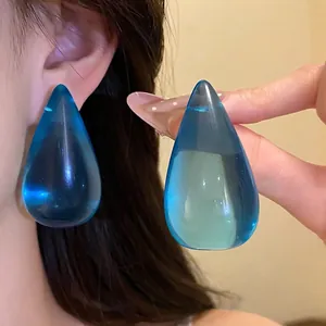 Orecchini a Bottone in Resina a Goccia d'Acqua Con Perno in Argento Minimalista Blu Gioielli di Moda Donna