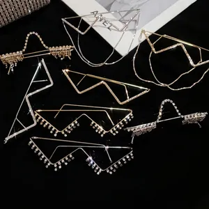 Trendy W-shaped rhinestone tassel glasses frame for women, frameless decorative eyewear.