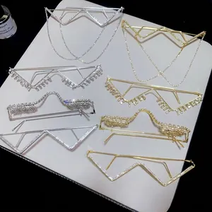 Chic W-shaped lensless glasses frames with rhinestones and tassels for street style