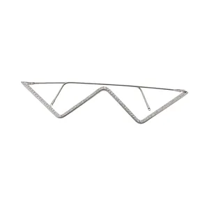 Trendy W-shaped silver glasses frame with sparkling rhinestones for street style